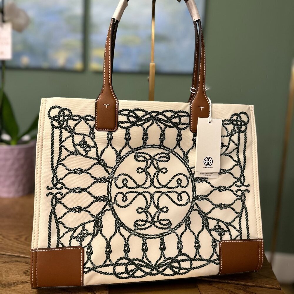 NWT! NEW! Tory Burch Small Ella Tote- Printed Ivory Abstract Rope Logo Women